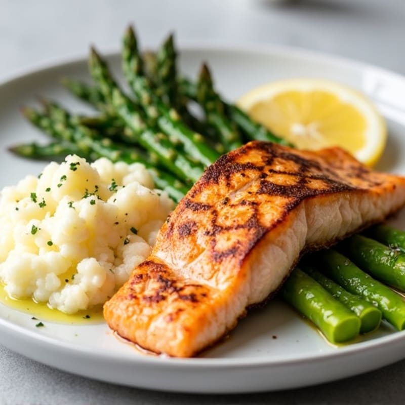 Seared Salmon with Steamed Asparagus and Garlic Mashed Cauliflower