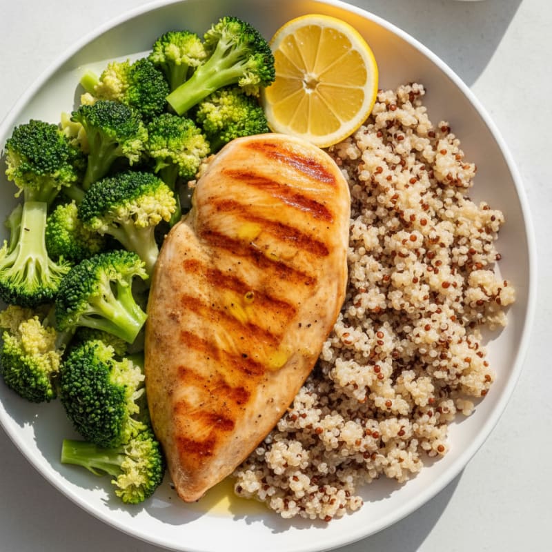 Grilled Chicken Breast with Steamed Broccoli and Quinoa