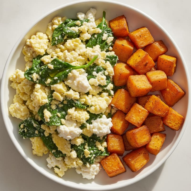 Cottage Cheese Scramble with Spinach and Roasted Sweet Potatoes