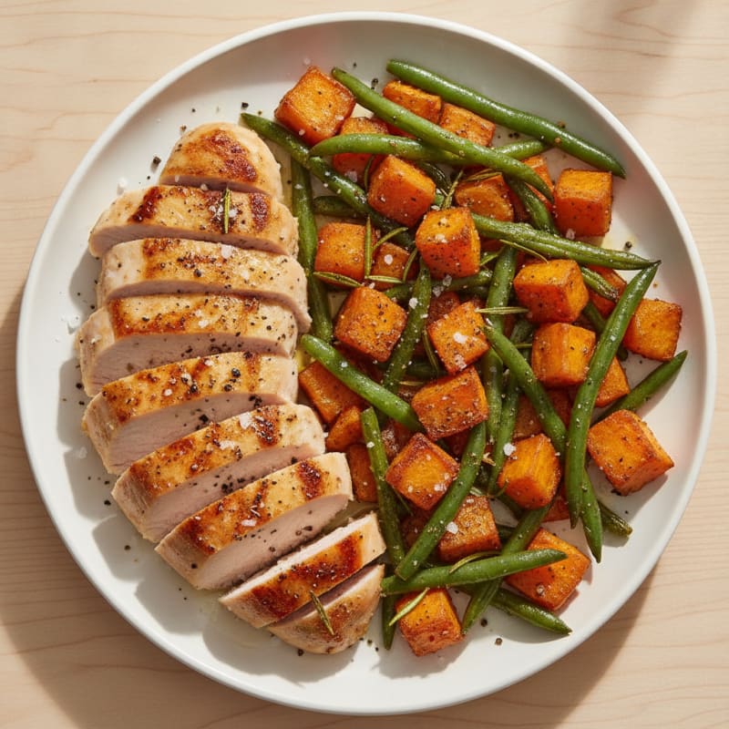 Seared Turkey Breast with Roasted Sweet Potatoes and Green Beans