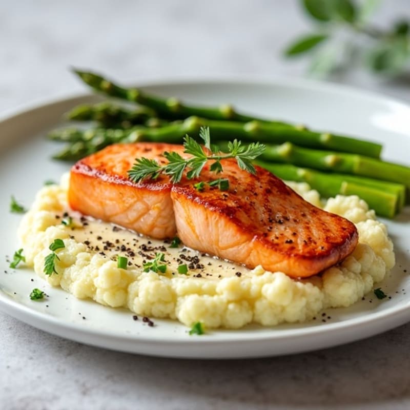Seared Salmon with Steamed Asparagus and Cauliflower Mash