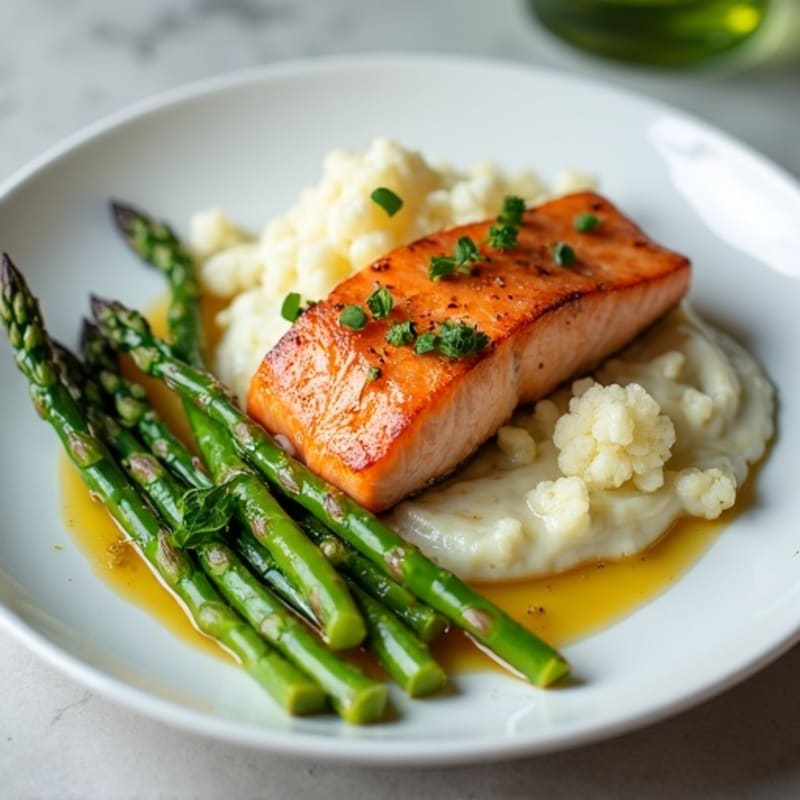 Seared Salmon with Roasted Asparagus and Cauliflower Mash