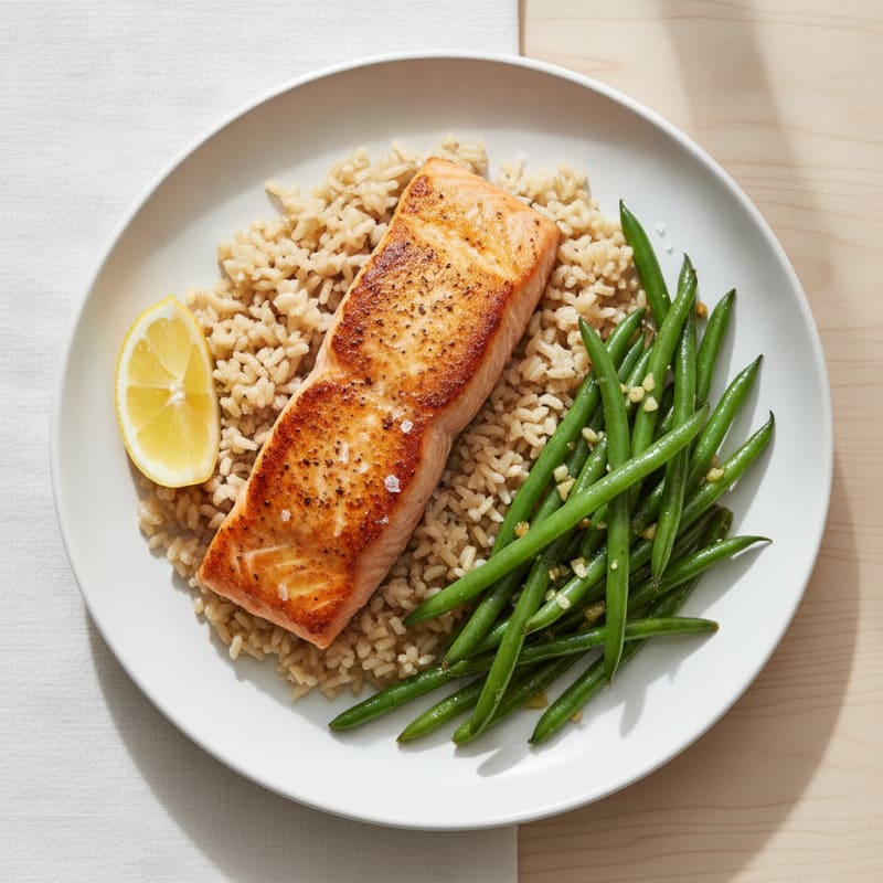 Seared Salmon with Garlic Green Beans and Brown Rice