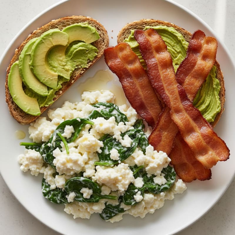 Egg White and Spinach Scramble with Cottage Cheese and Turkey Bacon