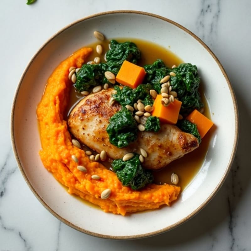 Nutty Melon Seed Chicken and Spinach Stew with Creamy Sweet Potato Mash