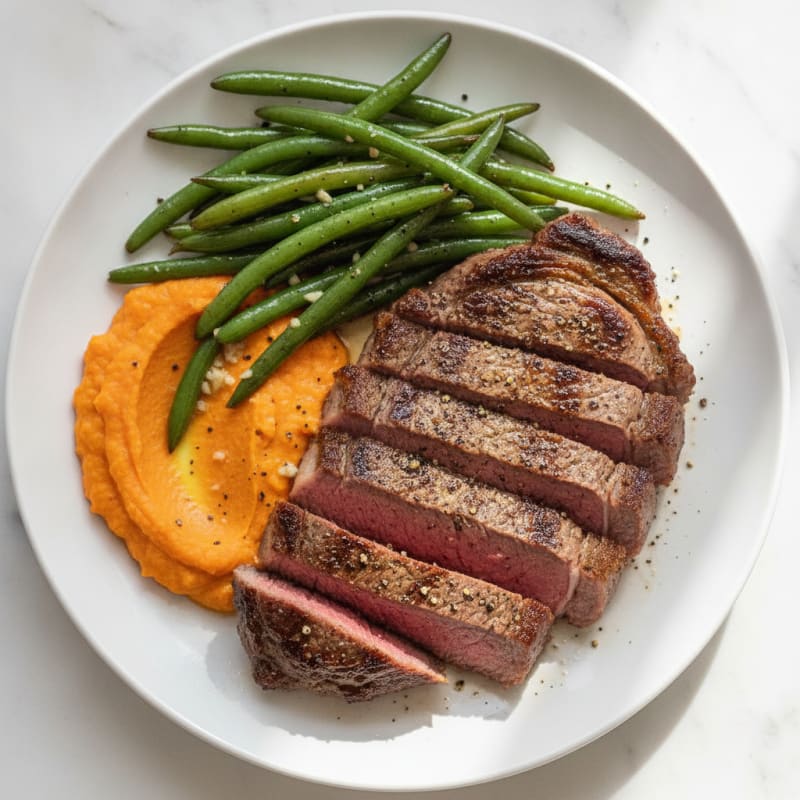 Seared Ribeye Steak with Garlic Green Beans and Carrot Mash