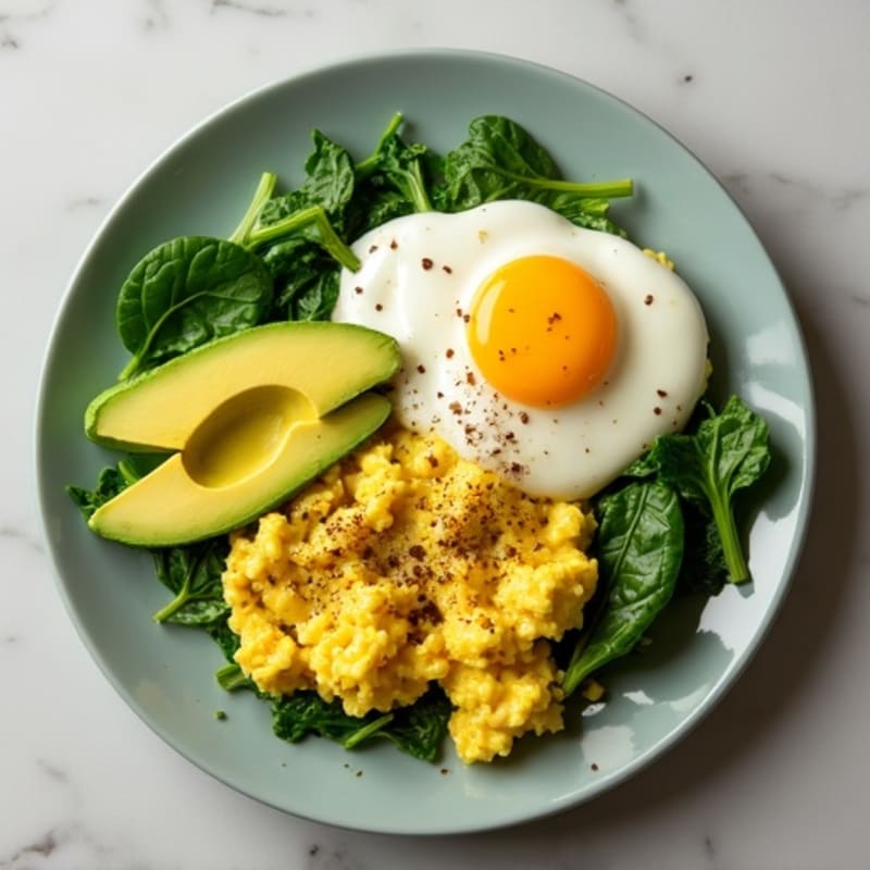 Fresh Scrambled Eggs with Creamy Avocado and Sautéed Greens