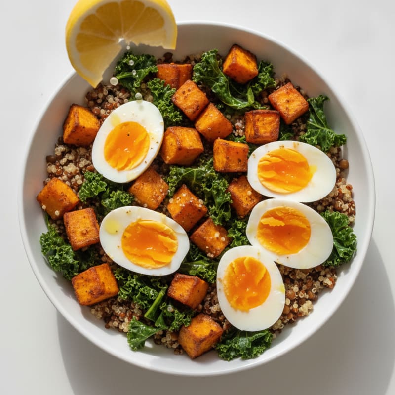 Lentil Quinoa Power Bowl with Roasted Vegetables and Hard-Boiled Eggs