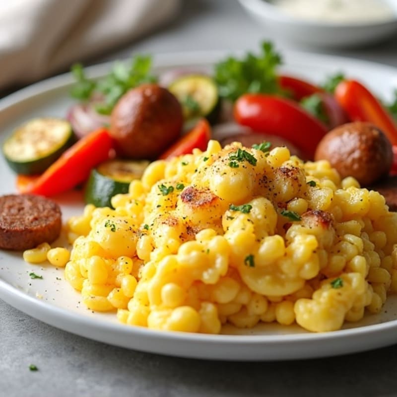 Fluffy Scrambled Eggs with Chicken Sausage and Roasted Veggies