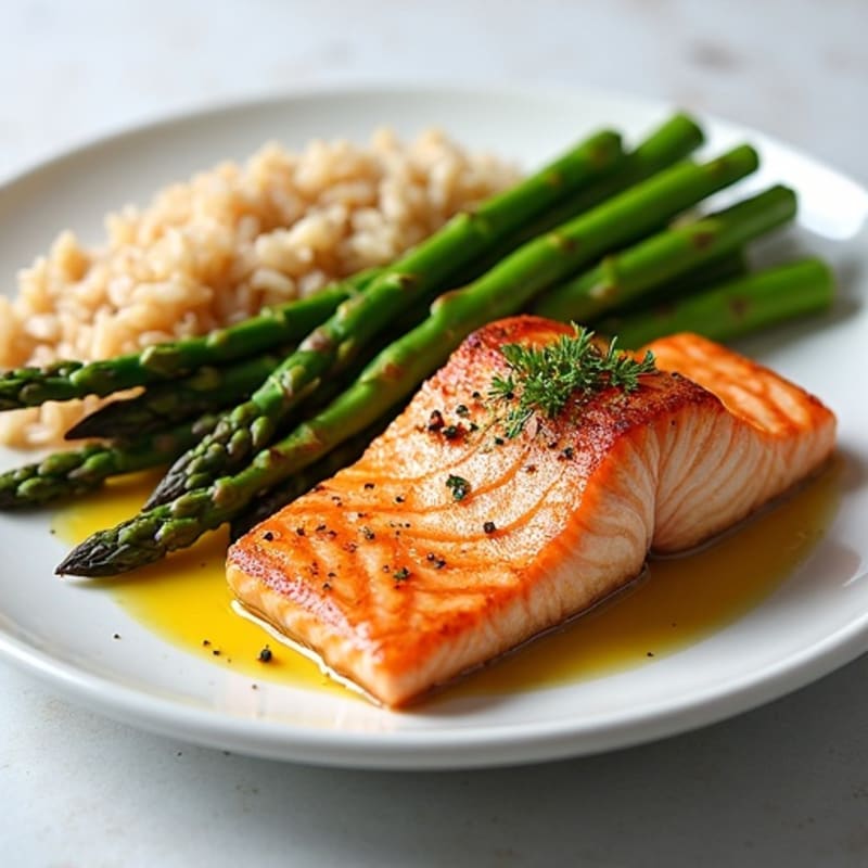 Seared Salmon Filet with Steamed Asparagus and Brown Rice