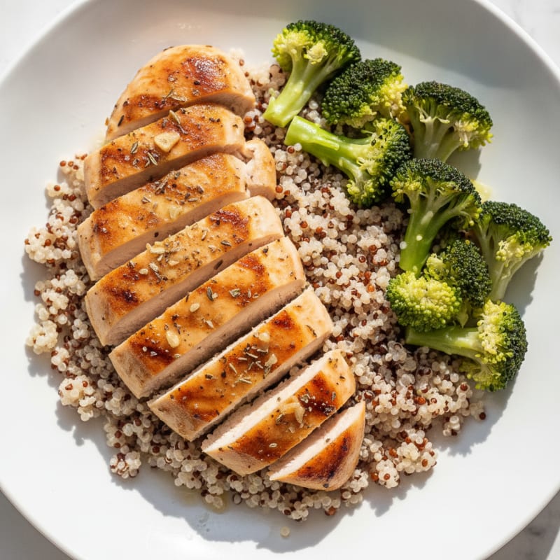 Grilled Chicken Breast with Steamed Broccoli and Quinoa