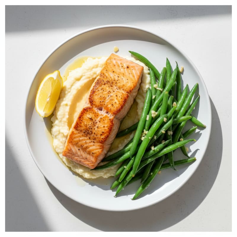 Seared Salmon with Garlic Green Beans and Cauliflower Mash