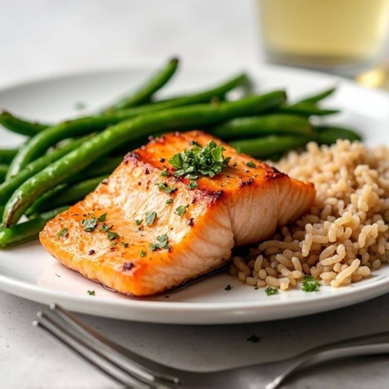 Seared Salmon Fillet with Garlic Green Beans and Brown Rice