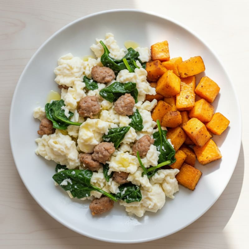 Egg White and Turkey Sausage Scramble with Spinach and Roasted Sweet Potato