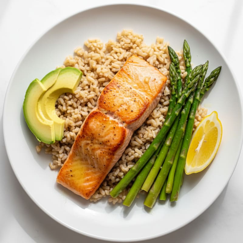 Seared Salmon Fillet with Brown Rice and Steamed Asparagus