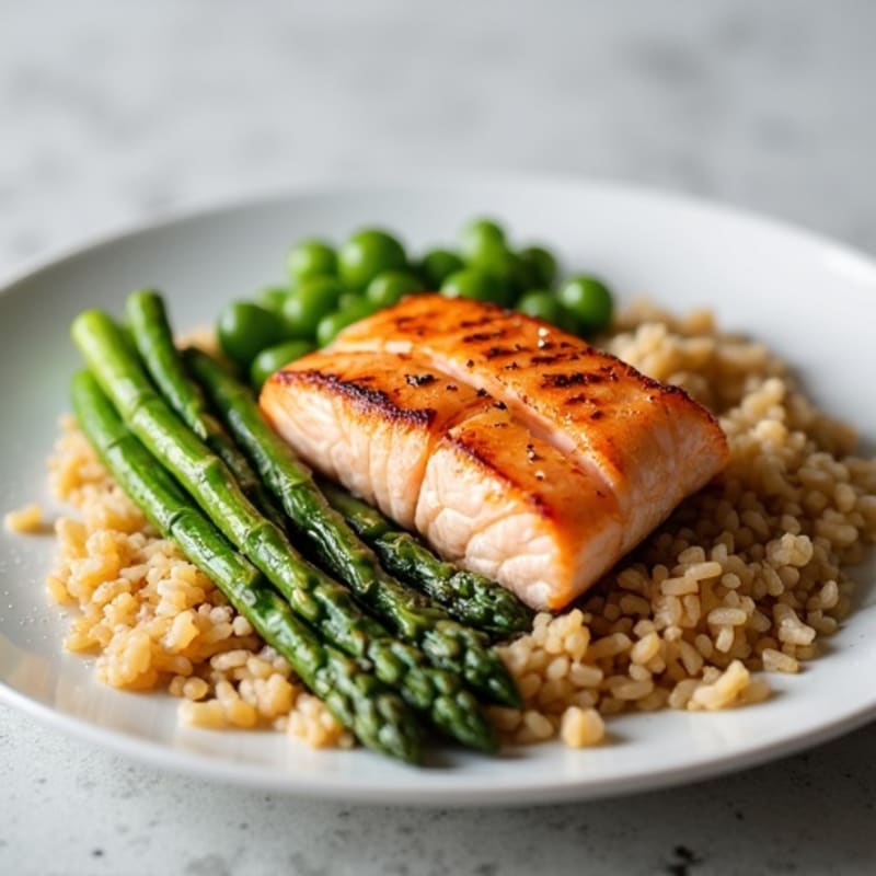 Seared Salmon Fillet with Steamed Asparagus and Brown Rice