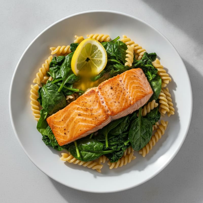 Seared Salmon with Garlic Spinach and Chickpea Pasta