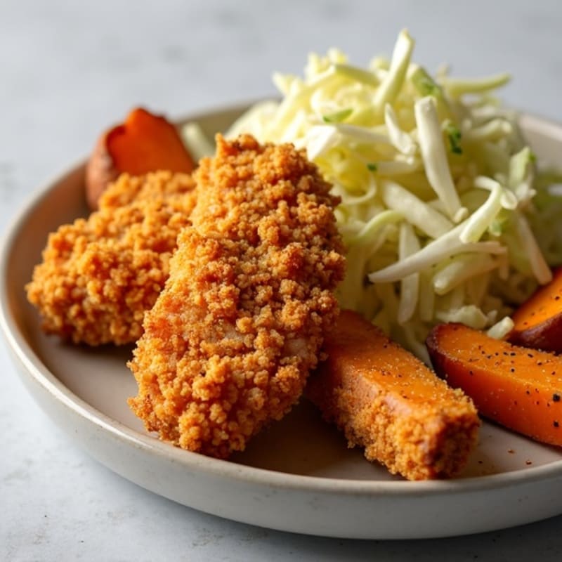 Crispy Chicken Tenders with Roasted Sweet Potato Wedges and Pickle Slaw