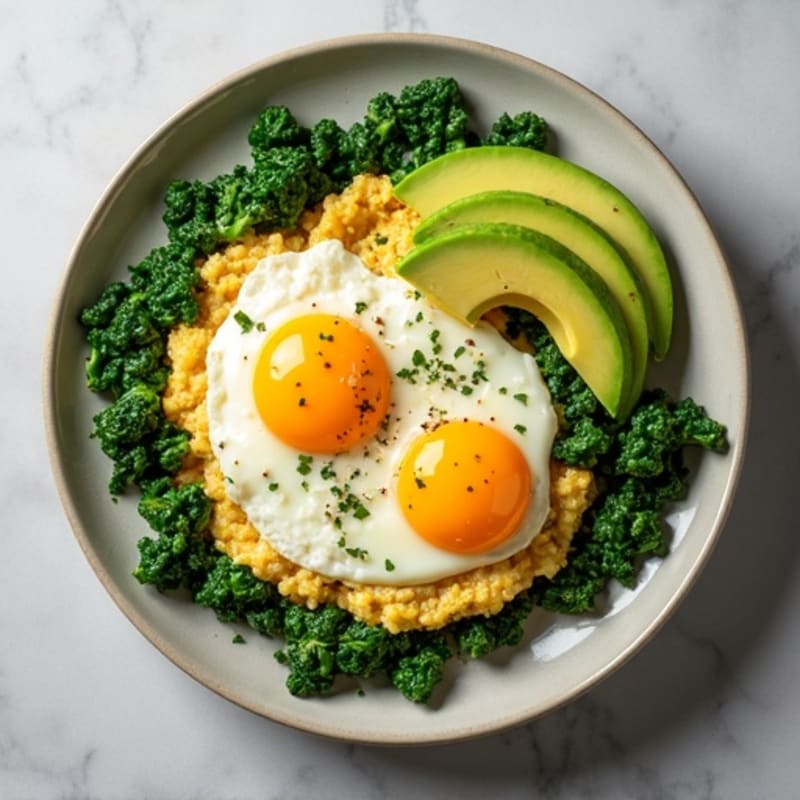 High Protein Egg Scramble with Sautéed Greens and Avocado