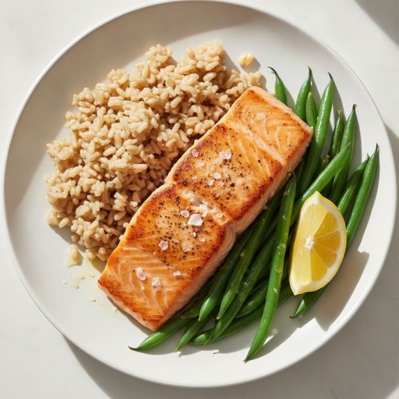 Seared Salmon with Steamed Green Beans and Brown Rice