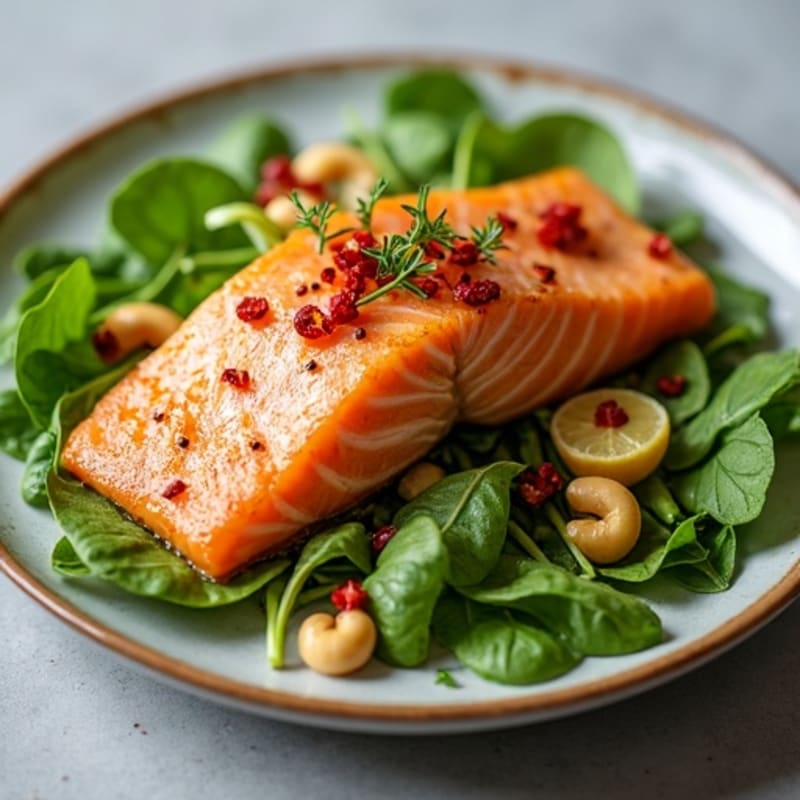 Crispy Salmon with Spicy Cashew Sauce and Fresh Greens