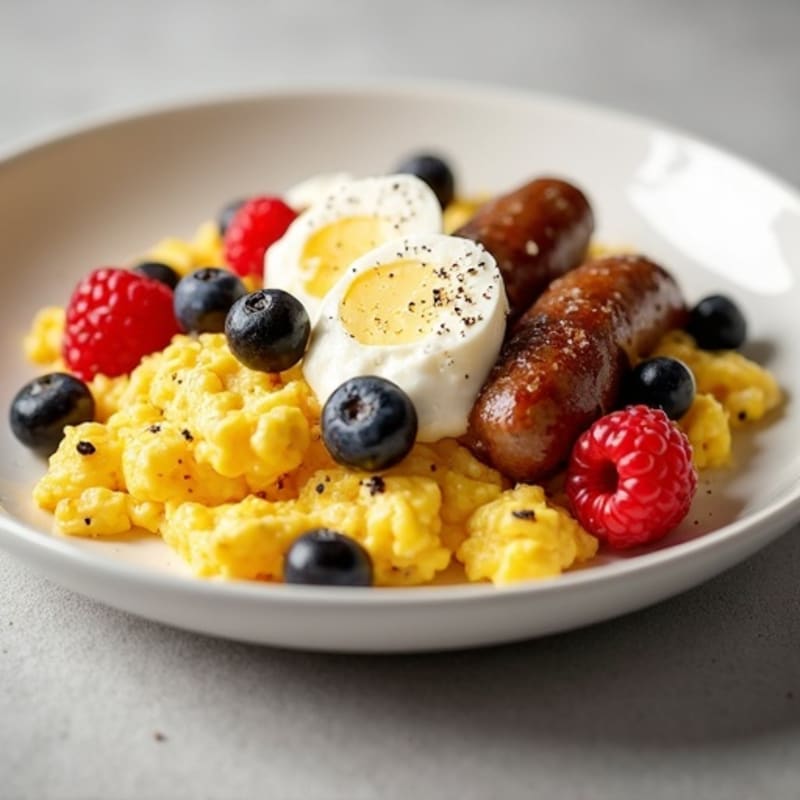 Egg White and Turkey Sausage Scramble with Cottage Cheese and Berries