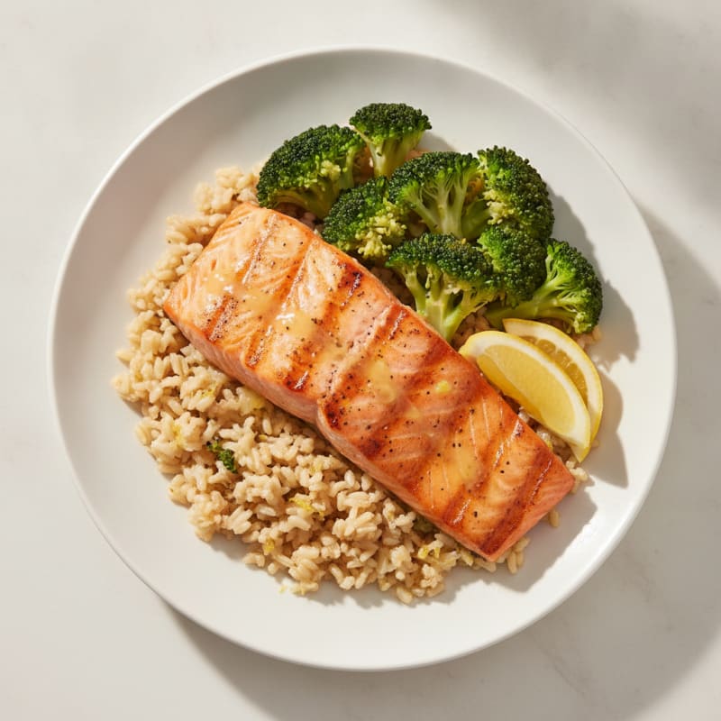 Seared Salmon Fillet with Steamed Broccoli and Lemon Brown Rice