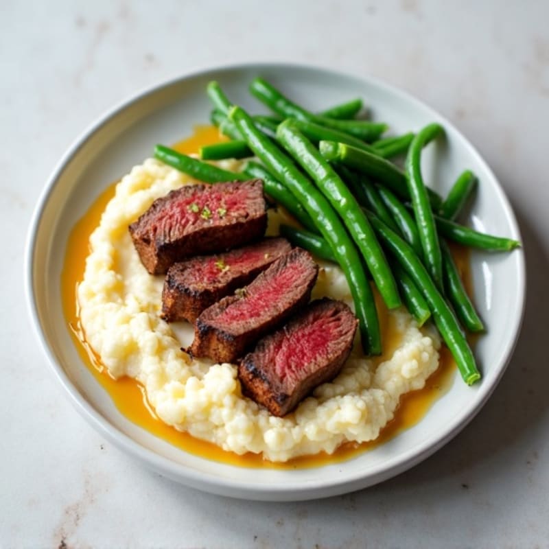 Seared Lean Beef Strips with Steamed Green Beans and Cauliflower Mash