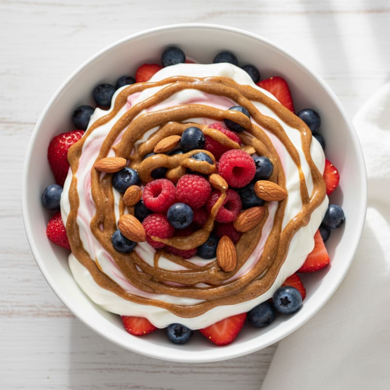 Greek Yogurt Protein Parfait with Mixed Berries and Almond Butter