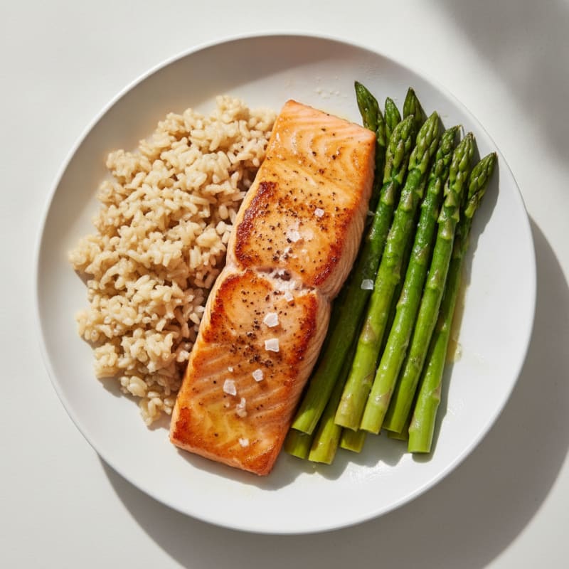 Seared Salmon with Steamed Asparagus and Brown Rice