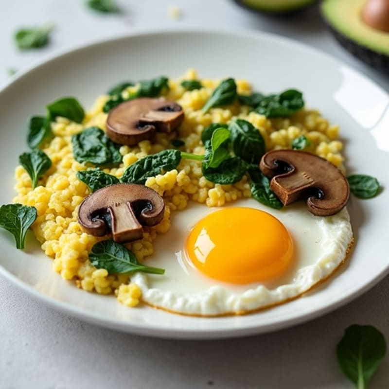 Cottage Cheese Scramble with Spinach and Sautéed Mushrooms