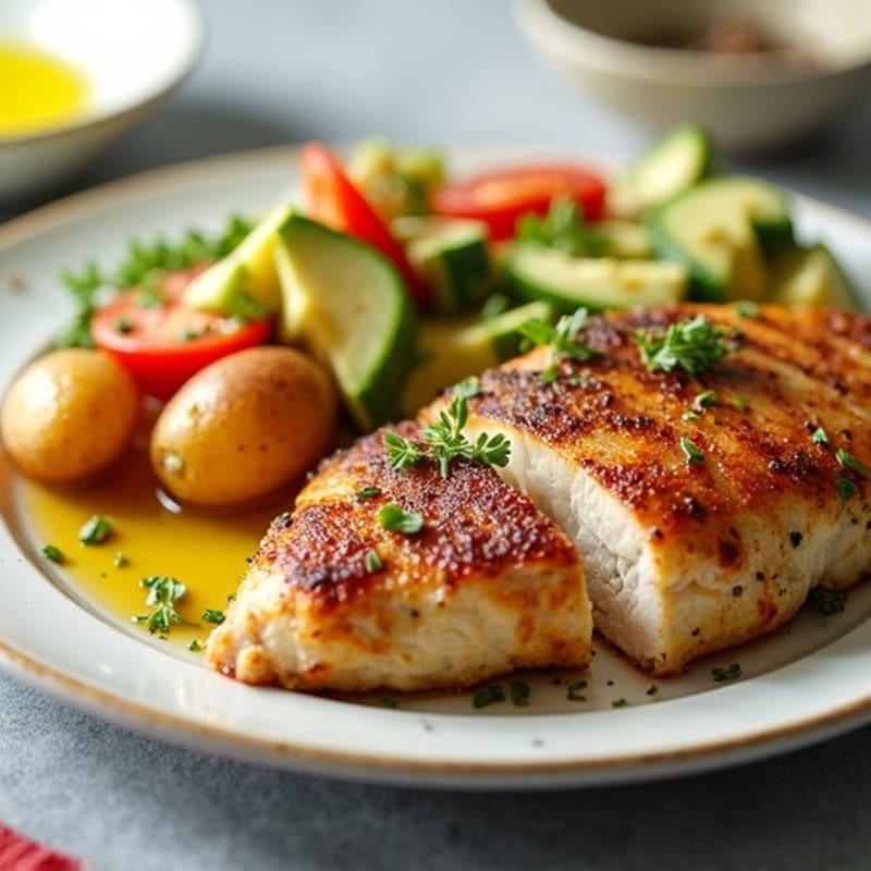 Herb-Roasted Chicken Breast with Crispy Potatoes and Fresh Zucchini Tomato Avocado Salad