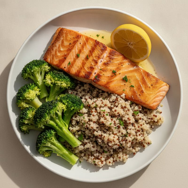Seared Salmon with Steamed Broccoli and Quinoa