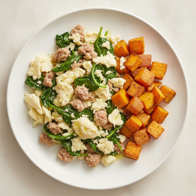 Egg White and Turkey Sausage Scramble with Spinach and Roasted Sweet Potatoes