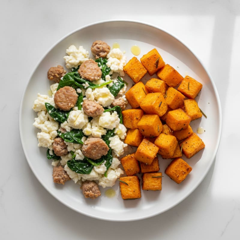 Egg White and Turkey Sausage Scramble with Spinach and Roasted Sweet Potatoes