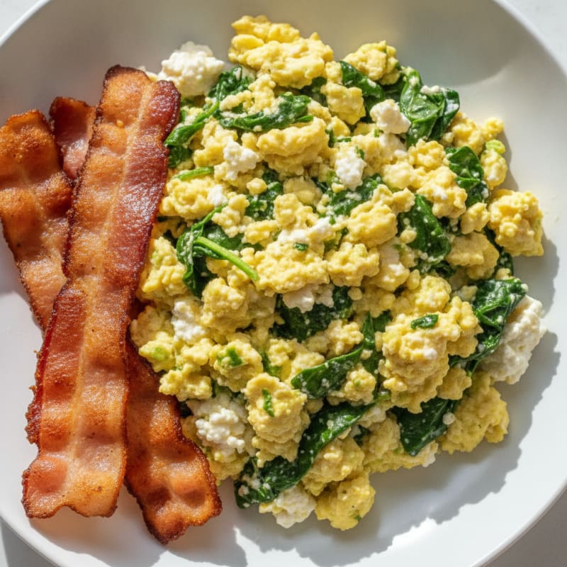 Cottage Cheese Egg Scramble with Spinach and Turkey Bacon
