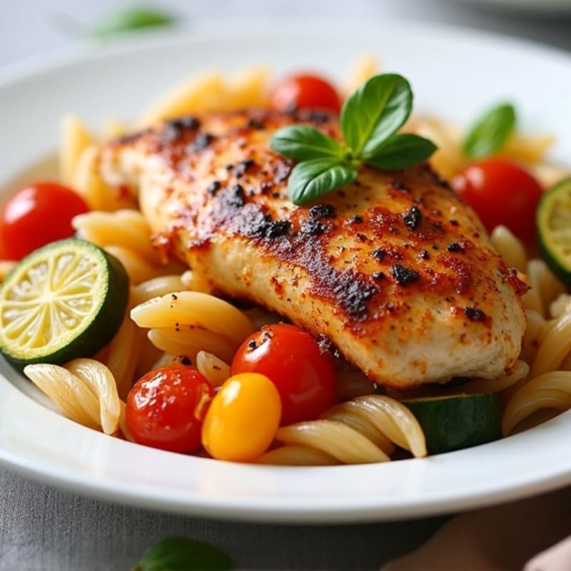 Pan-Seared Spicy Chicken with Whole Wheat Pasta and Fresh Vegetables