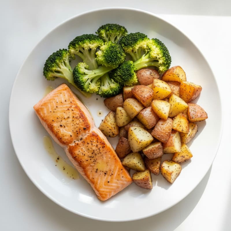 Seared Salmon with Roasted Potatoes and Steamed Broccoli