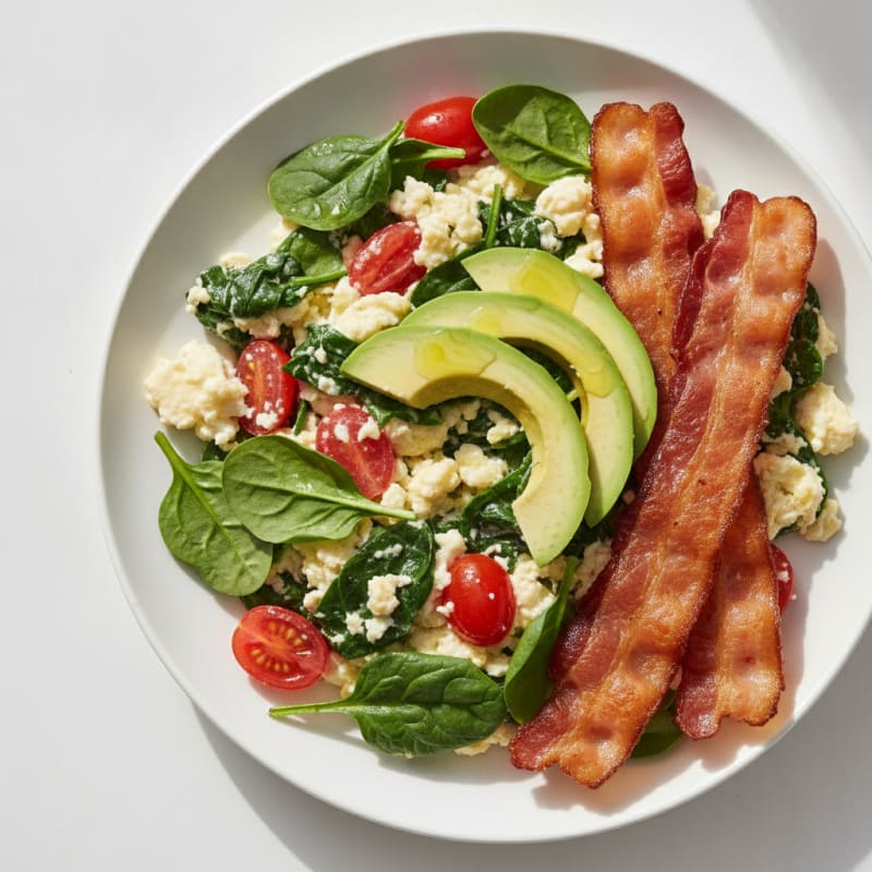 Crispy Turkey Bacon Egg White Scramble with Spinach and Tomatoes
