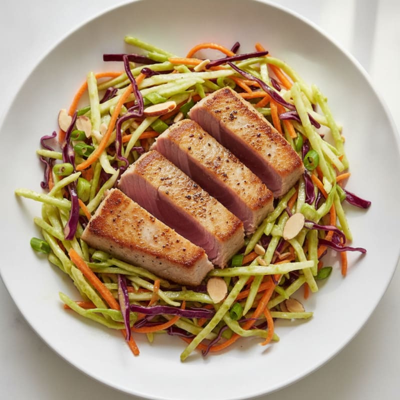 Seared Tuna Steak with Crunchy Cabbage Slaw