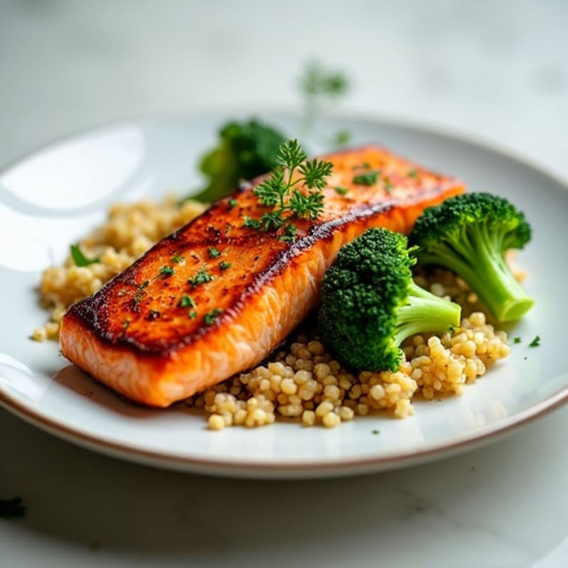 Seared Salmon with Roasted Broccoli and Quinoa
