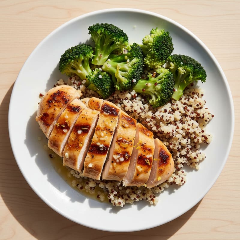 Grilled Lemon Garlic Chicken Breast with Quinoa and Steamed Broccoli
