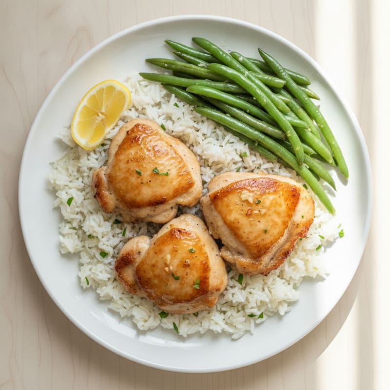Seared Chicken Thighs with Garlic Herb Rice and Steamed Green Beans