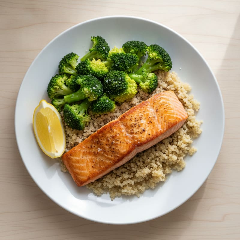 Seared Salmon with Steamed Broccoli and Quinoa