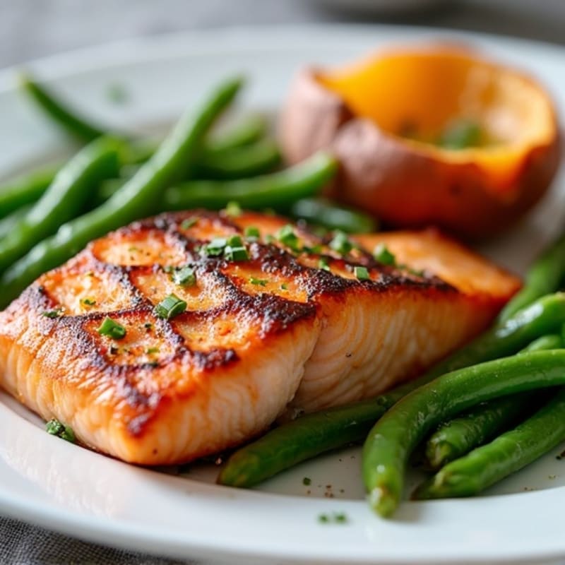 Seared Salmon Fillet with Garlic Green Beans and Baked Sweet Potato