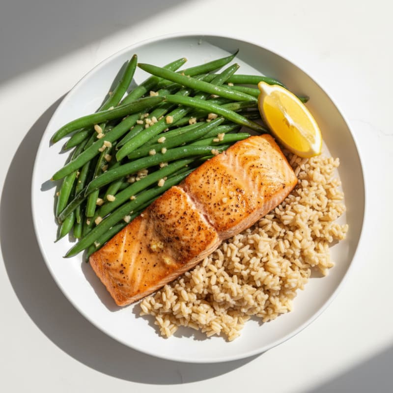 Seared Salmon with Garlic Green Beans and Brown Rice