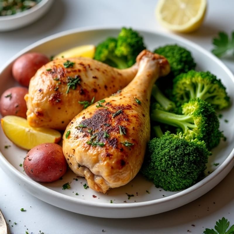 Herb-Roasted Chicken Legs with Crispy Potatoes and Garlic Broccoli