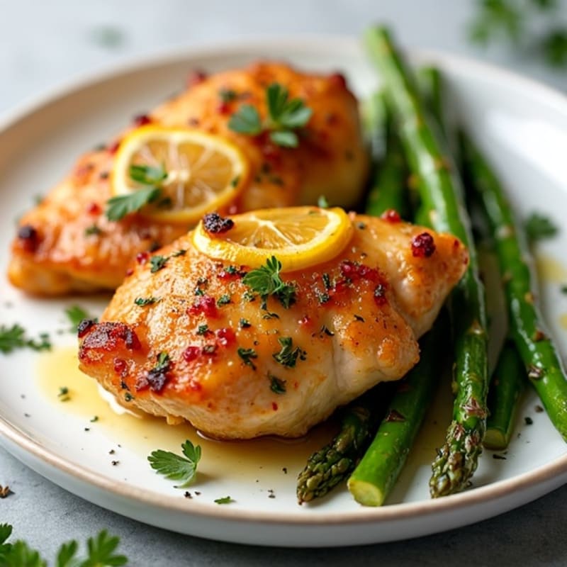 Crispy Lemon Herb Roasted Chicken Thighs with Roasted Asparagus