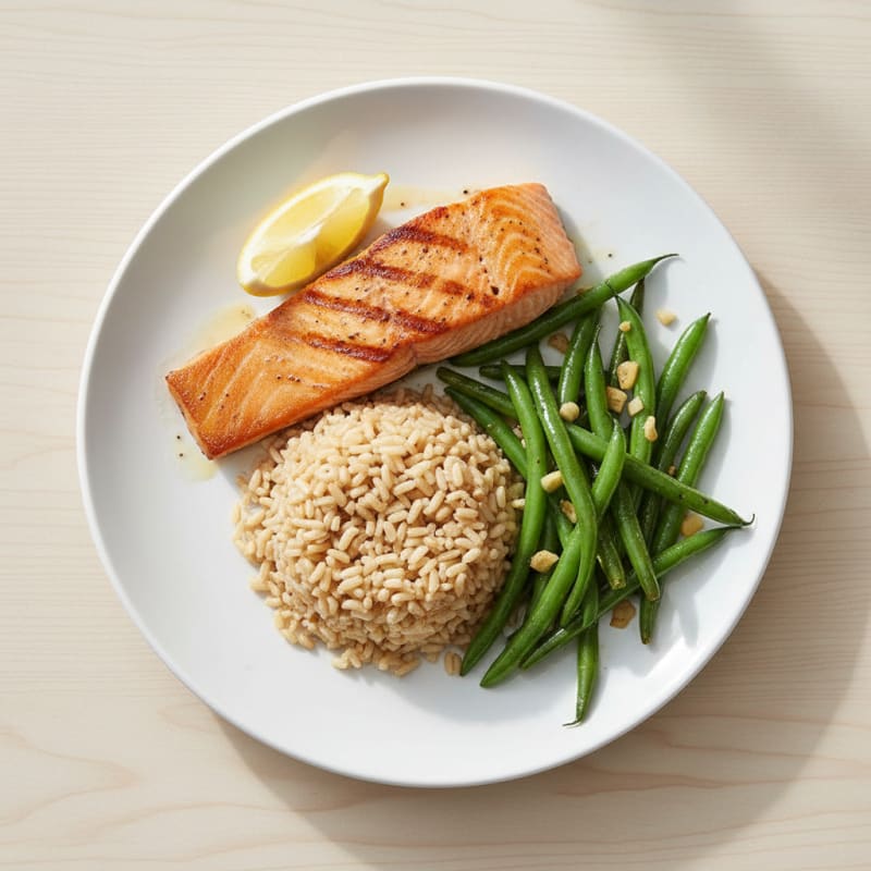 Seared Salmon Fillet with Garlic Green Beans and Brown Rice