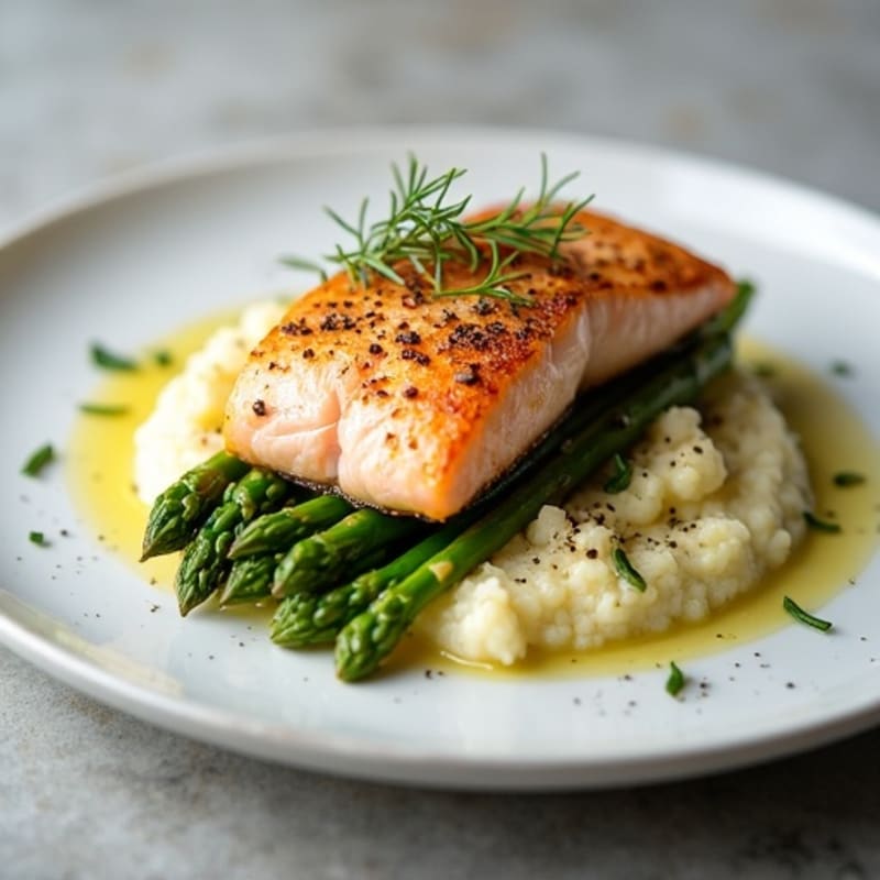 Seared Salmon with Steamed Asparagus and Cauliflower Mash